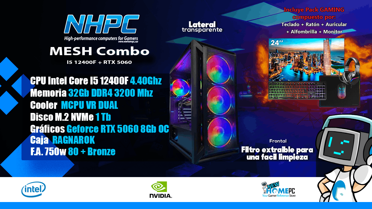 Combo PC Gaming NHPC Mesh - I5 12400F - 5060 - 32GB - 1TB - Monitor - Periféricos